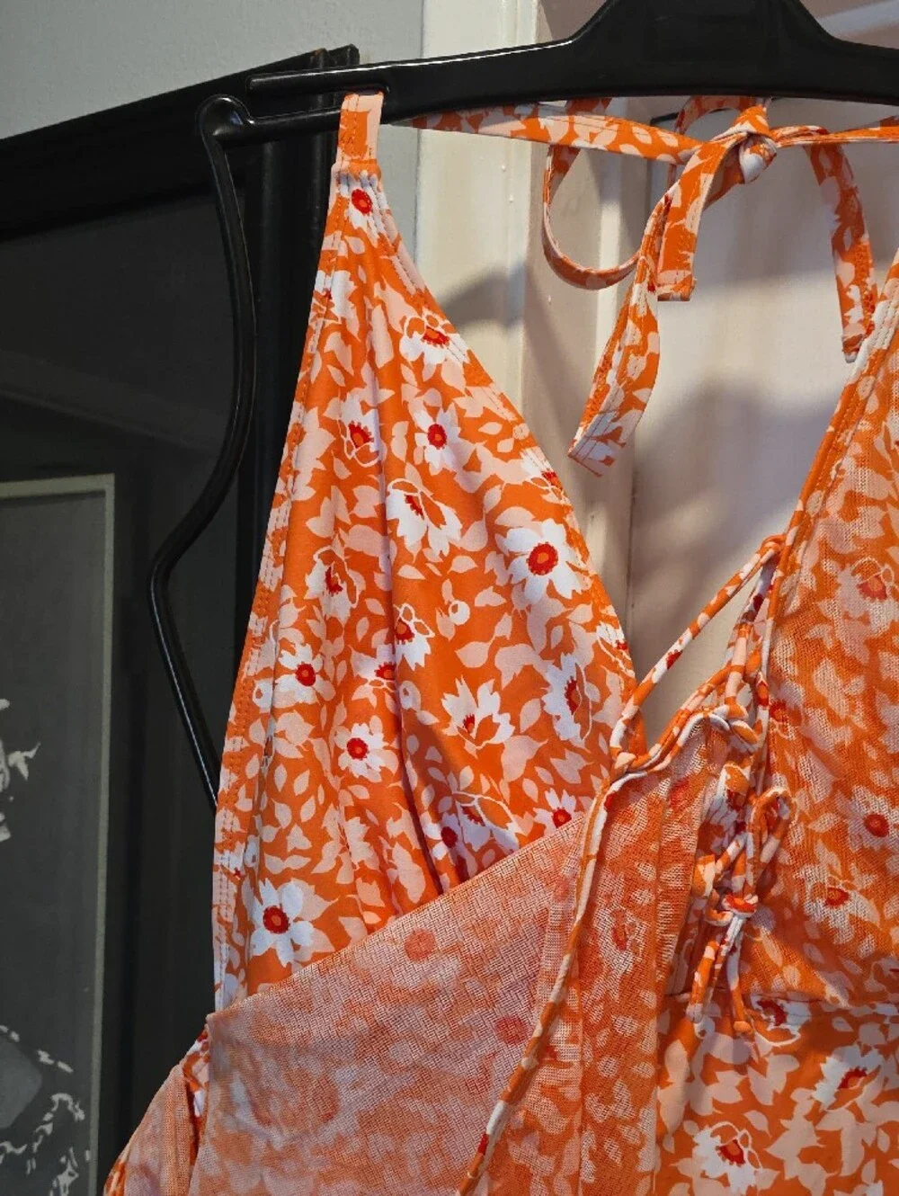 Orange Floral One-Piece Swimsuit with Lace-Up